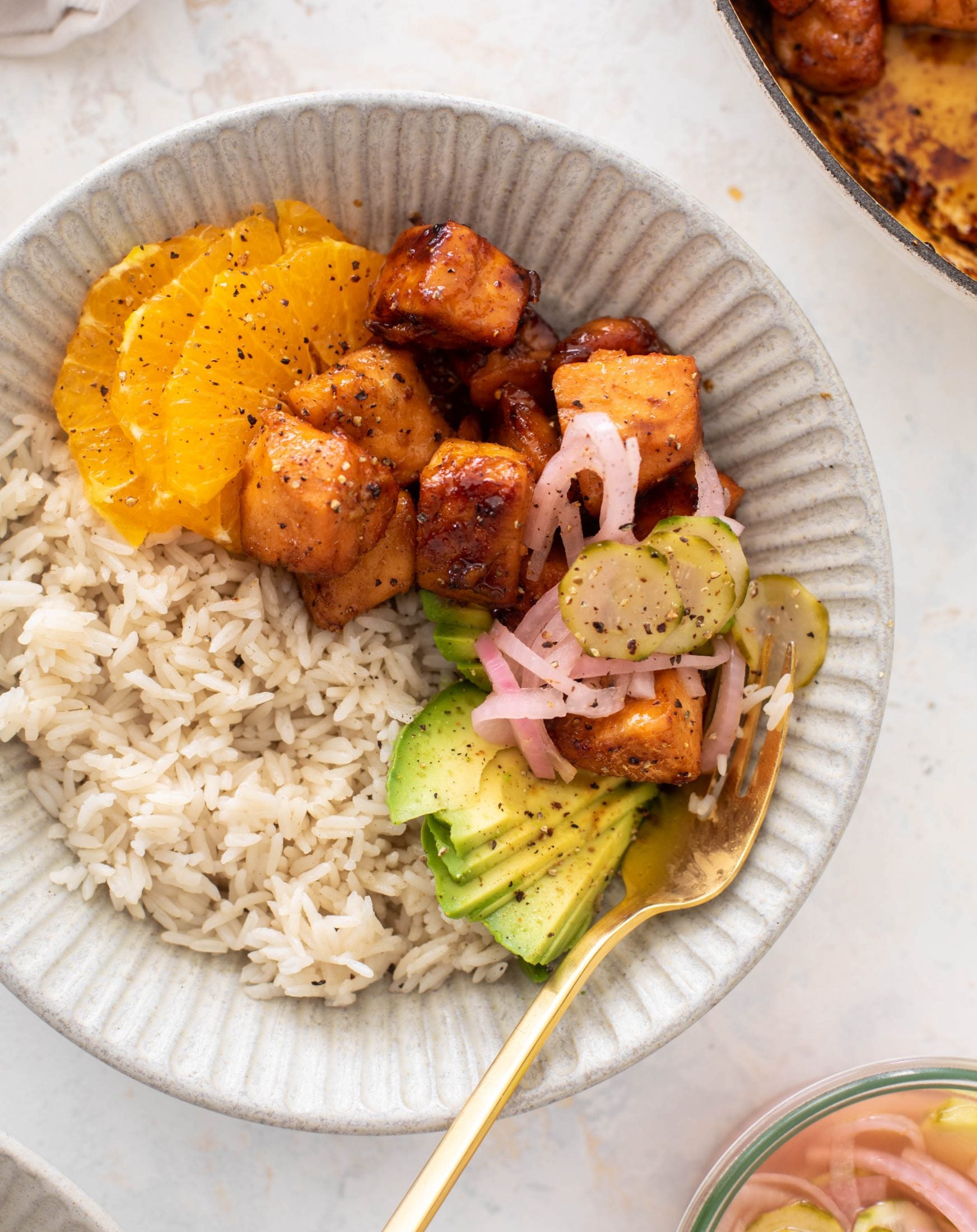 sticky orange salmon bowls