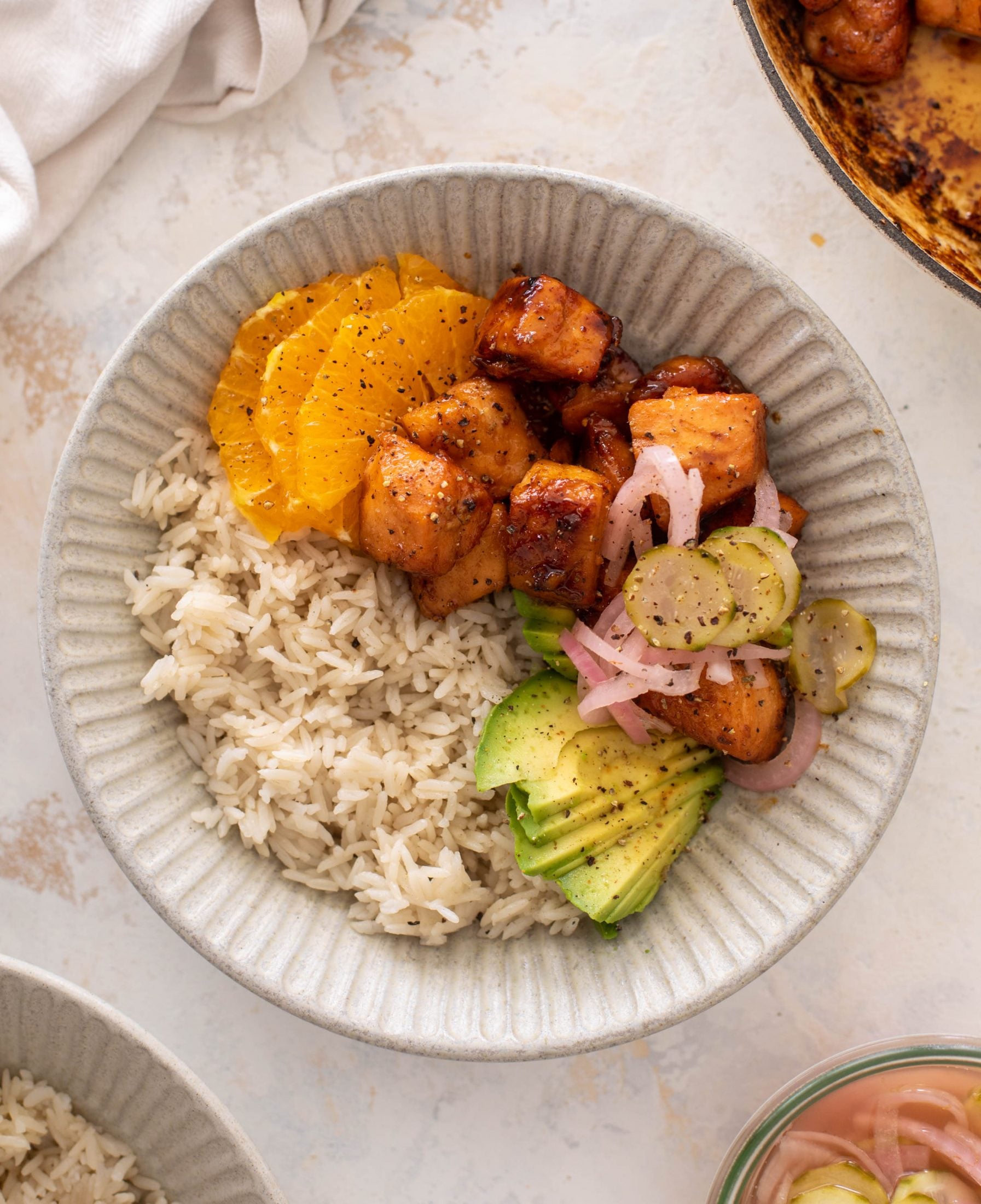 sticky orange salmon bowls