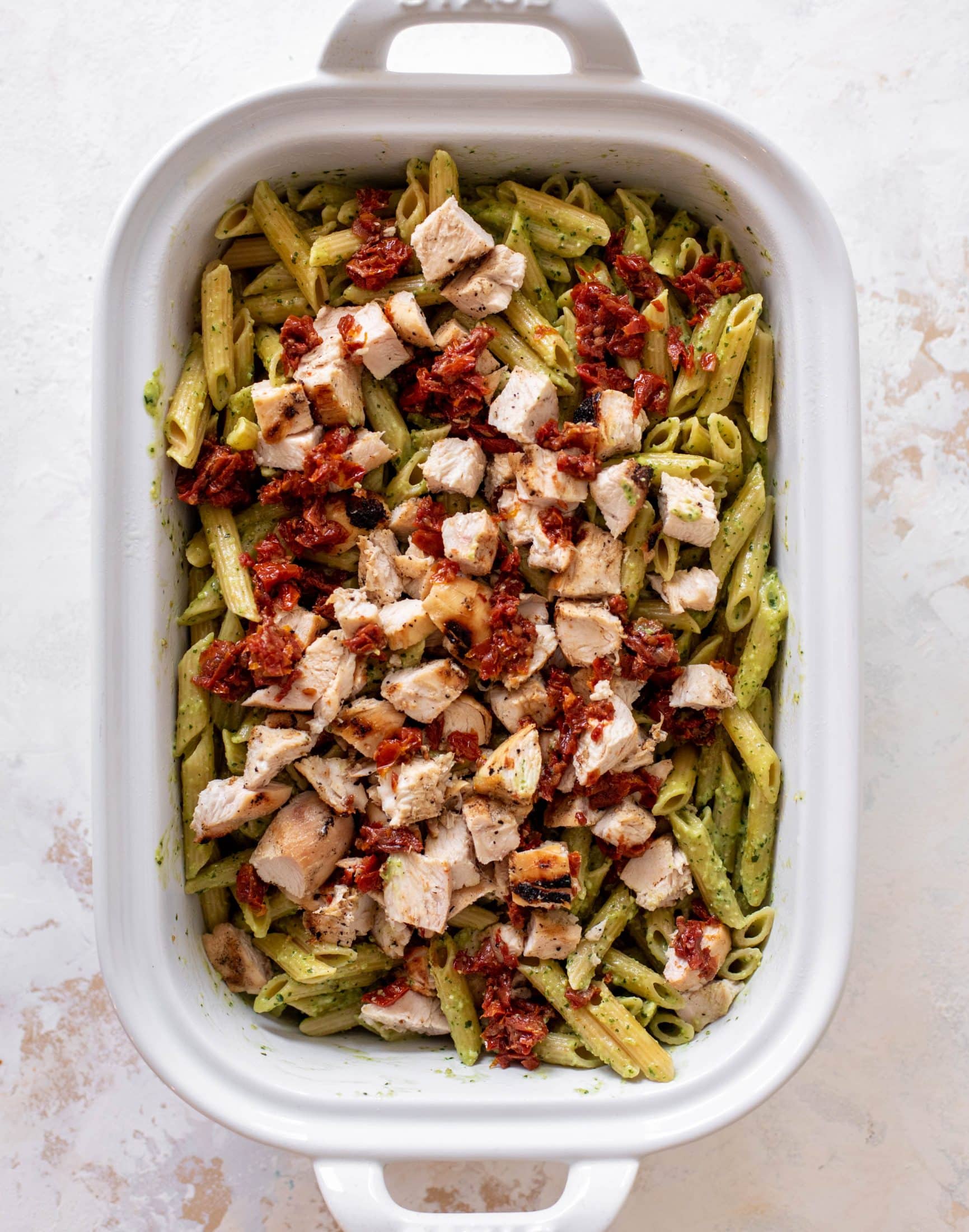 grilled chicken pesto pasta bake