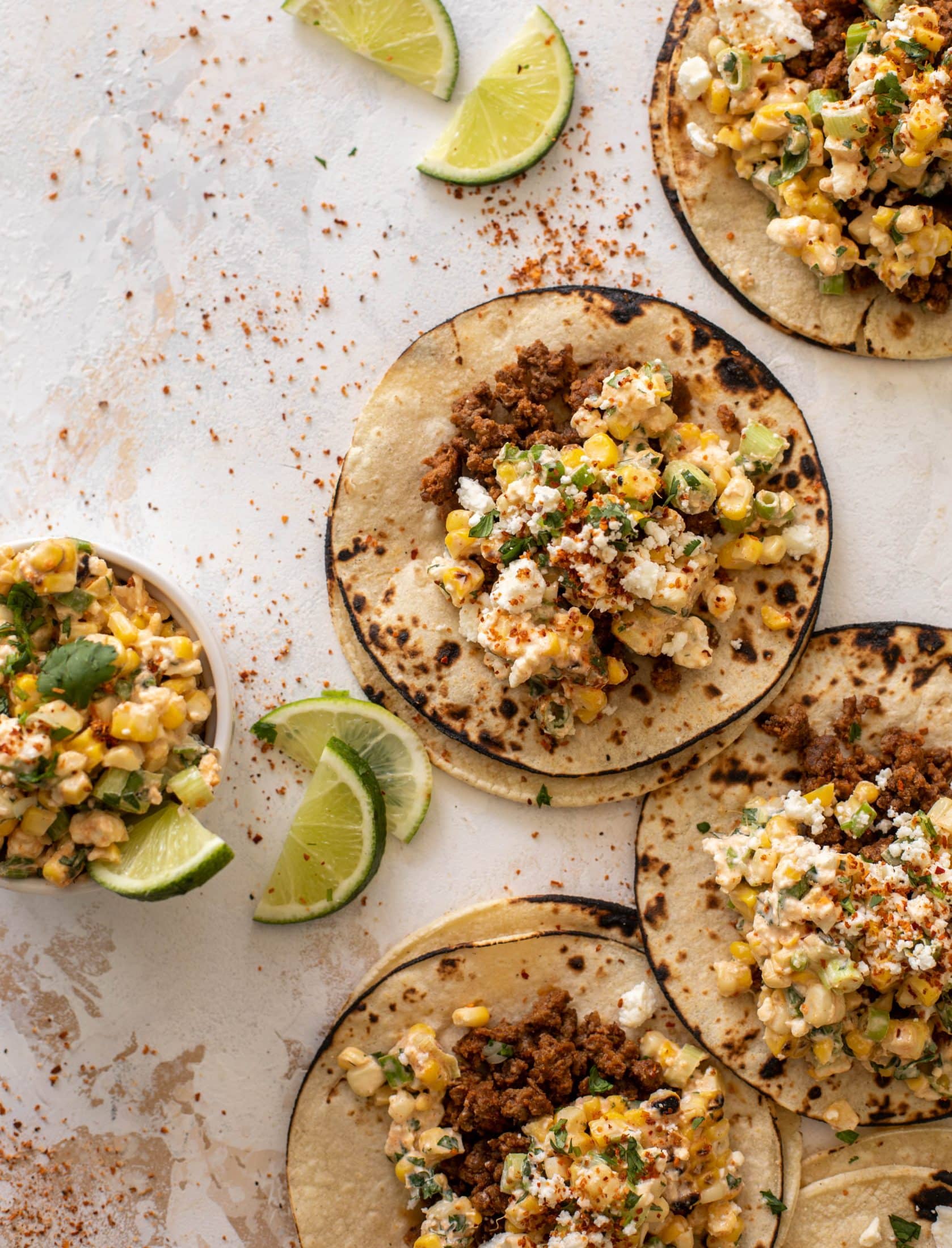creamy street corn beef tacos
